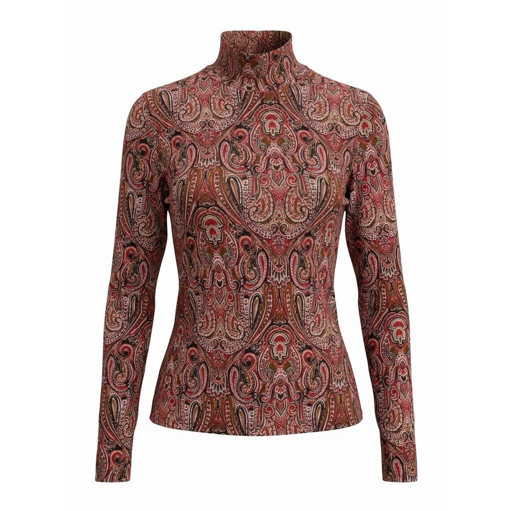 Tahari Womens Red Paisley Mock Neck Long Sleeve Stretch Top Size S